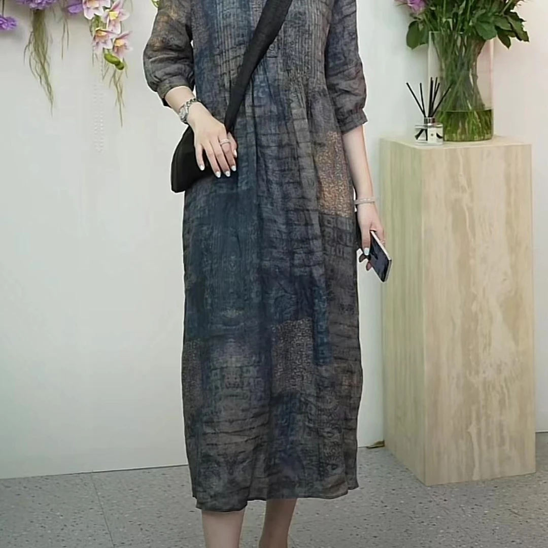 花滿林圆领扎染脏染炒色打条胸前小排扣苎麻连衣裙8613