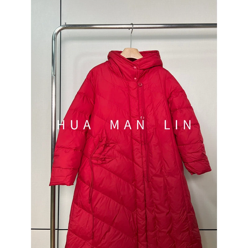 【花满林】连帽打结流苏填充物白鹅绒长款羽绒服33048