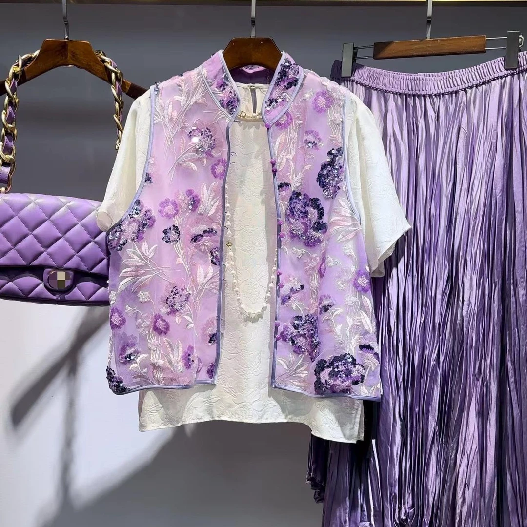 花滿林‘花随风起’小立领钉珠亮片粉色马夹8260