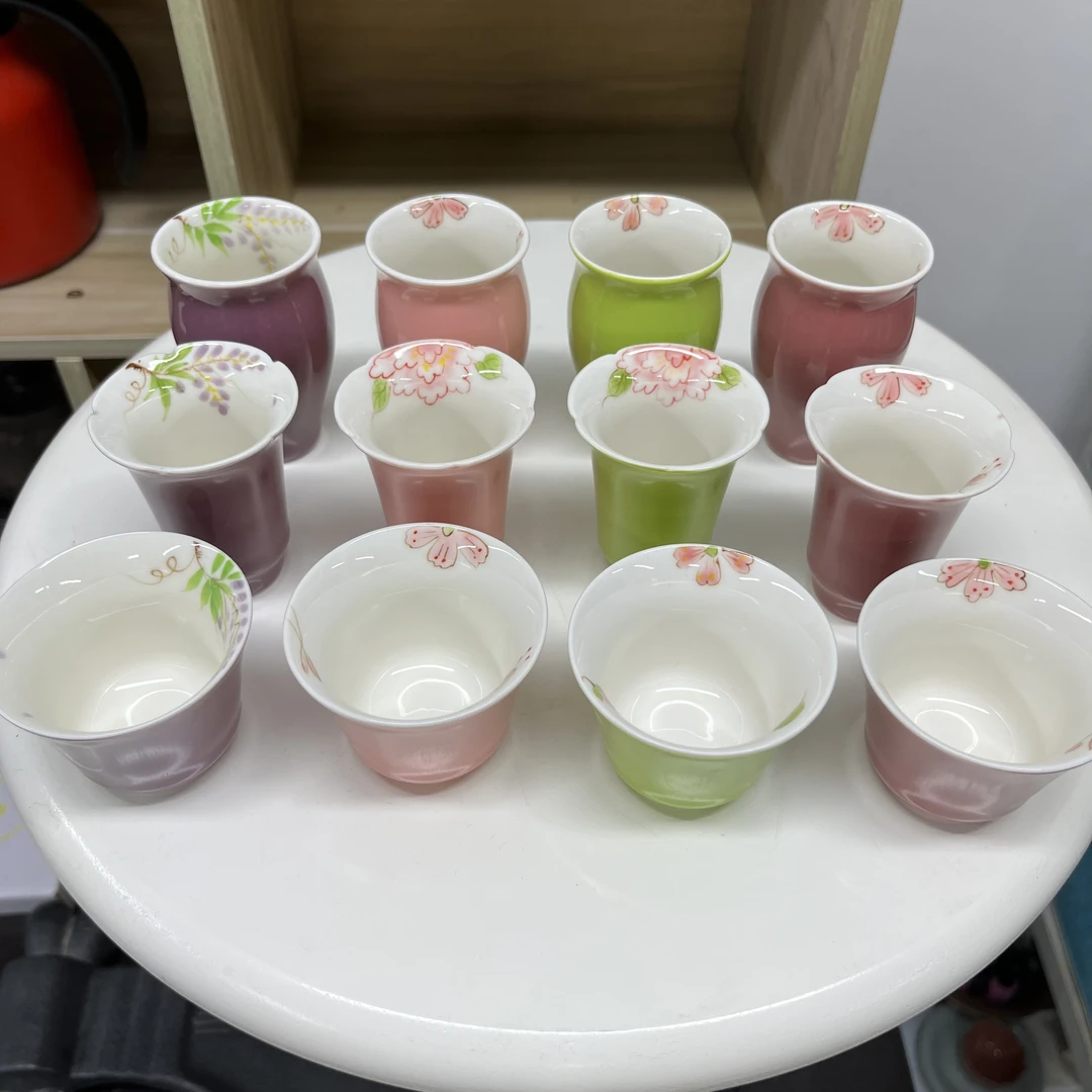 觅陶斋 颜色釉手绘品茗杯 客杯 主人杯 花口杯闻香聚香杯 妖娆美