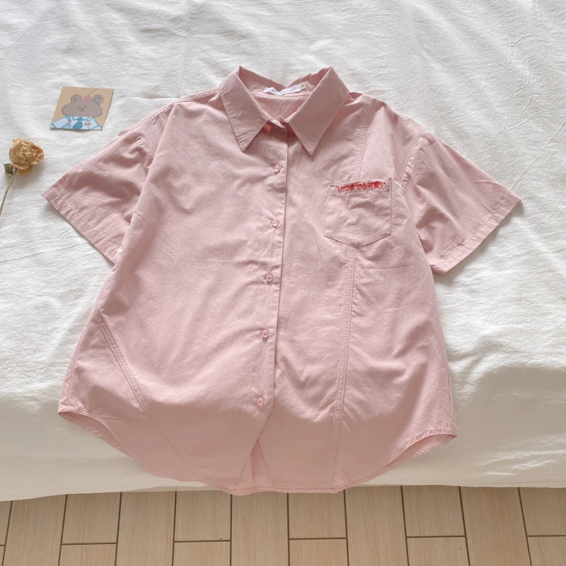 Q日系少女学院风口袋可爱刺绣休闲宽松短袖衬衫女粉色学生夏装