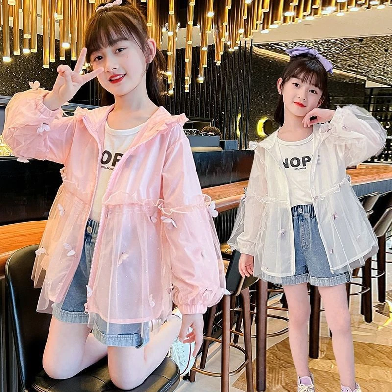 女童防晒外套2023夏装新款中大童仙女网纱撒银蝴蝶连帽上衣公主风