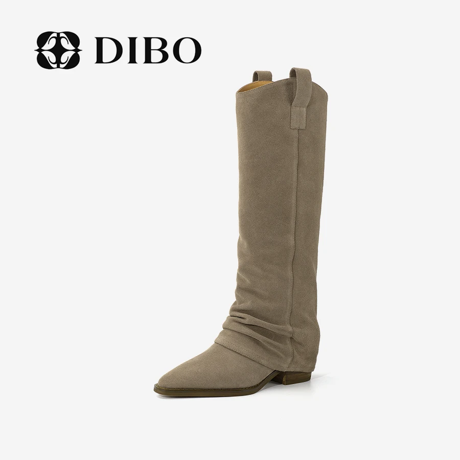 DIBO碲铂 高筒褶皱骑士长靴尖头粗跟绒面西部风女士靴244C2121