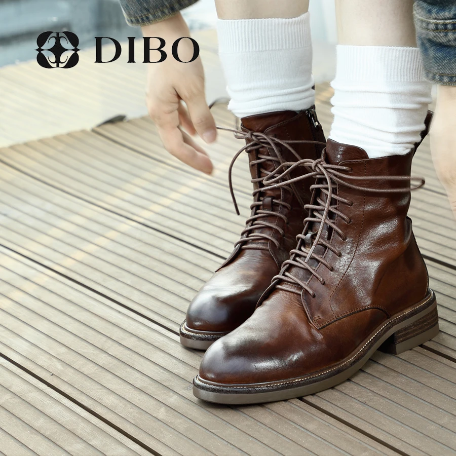 DIBO碲铂 复古系带低跟马丁靴做旧马皮面侧拉链好穿脱23499250