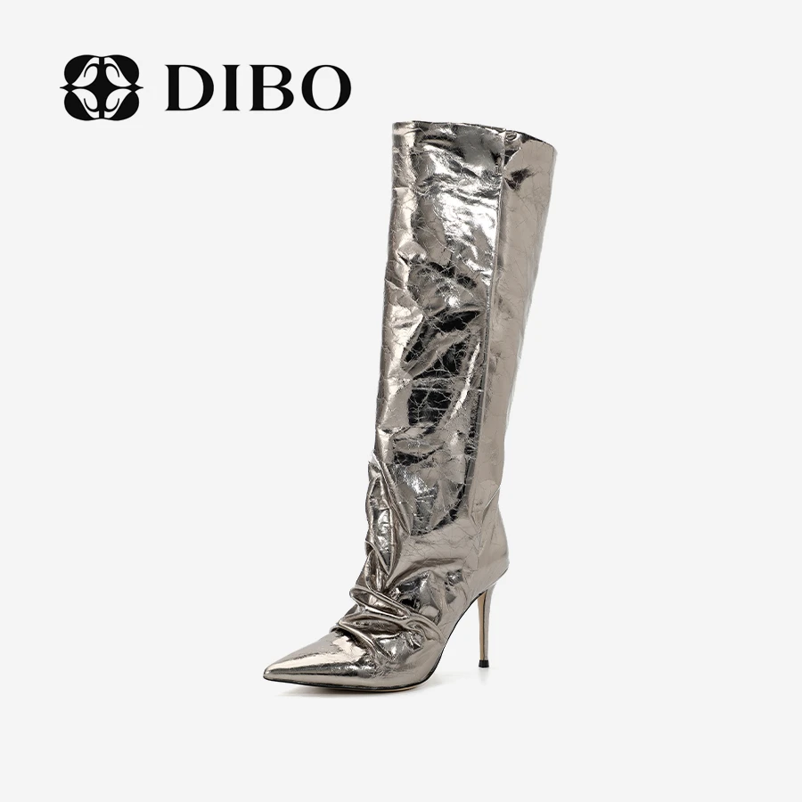 DIBO碲铂 潮酷气质设计感尖头高筒长靴褶皱亮面时装靴24498111