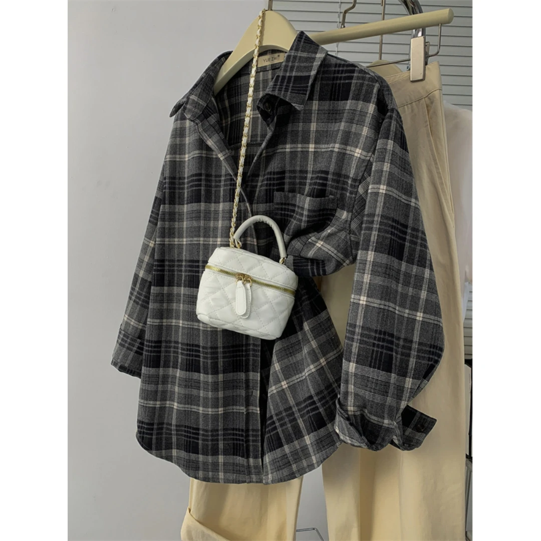 复古格子长袖衬衫女士宽松港味外套上衣春秋新款韩版休闲方格衬衣