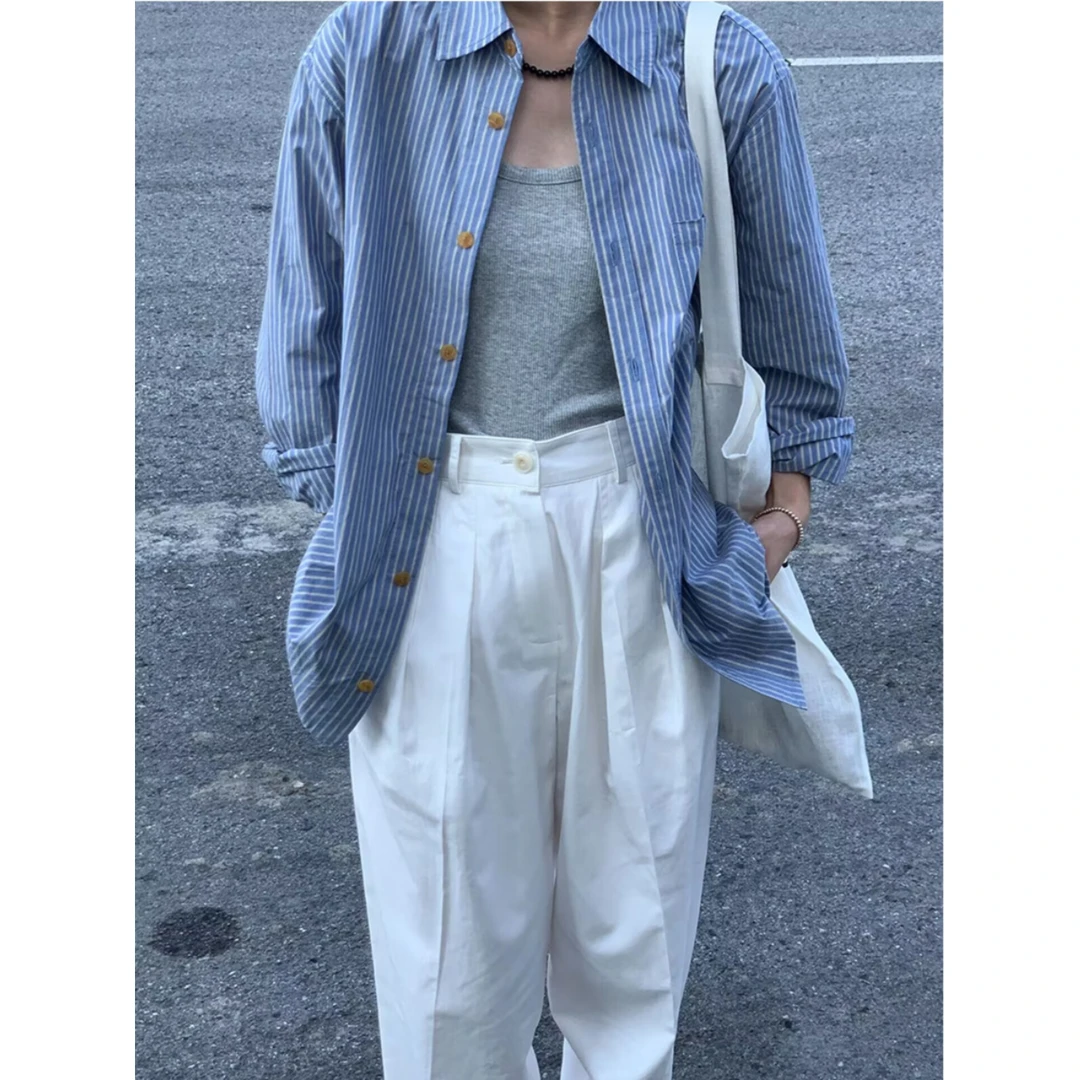 韩系复古条纹衬衫女2025春秋小众男友风休闲宽松长袖流行衬衣开衫