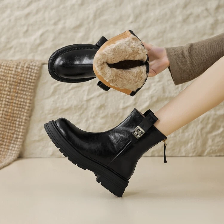 皮毛一体雪地靴女冬季新款真软皮圆头厚底短靴复古加绒加厚马丁靴