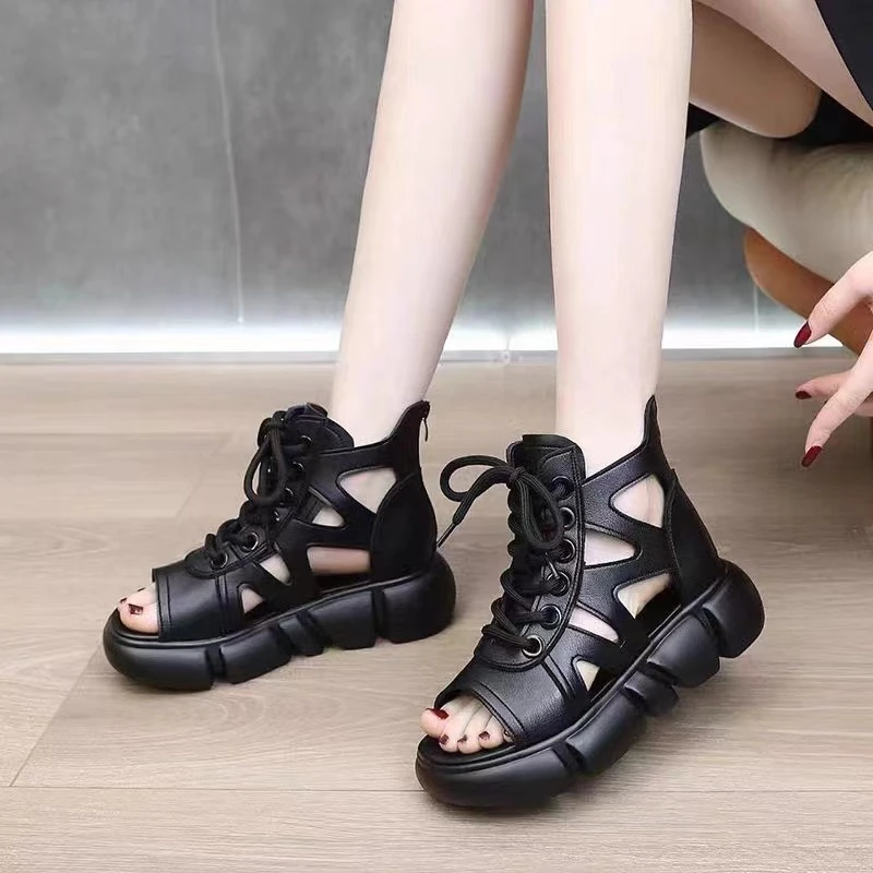 真软皮软底罗马凉鞋女2024夏季新款复古厚底镂空鱼嘴凉靴坡跟露趾