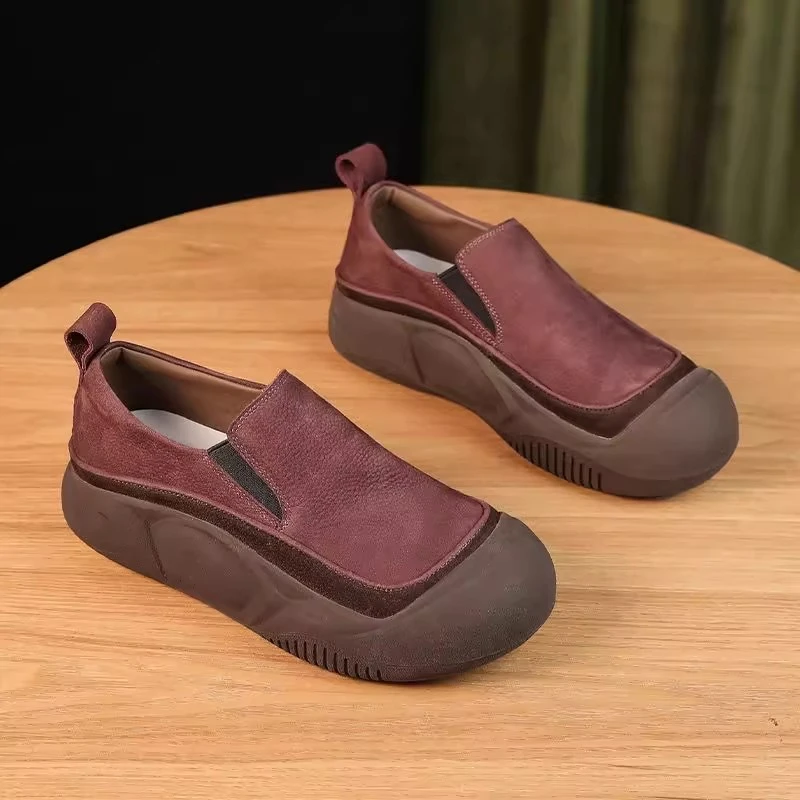 软皮厚底单鞋女2023秋季新款复古一脚蹬轻便妈妈鞋懒人休闲乐福鞋