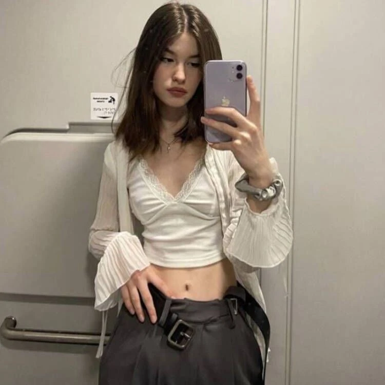 VintageTang美式甜心V领米白色辣妹吊带背心女内搭上衣套装骁壹D