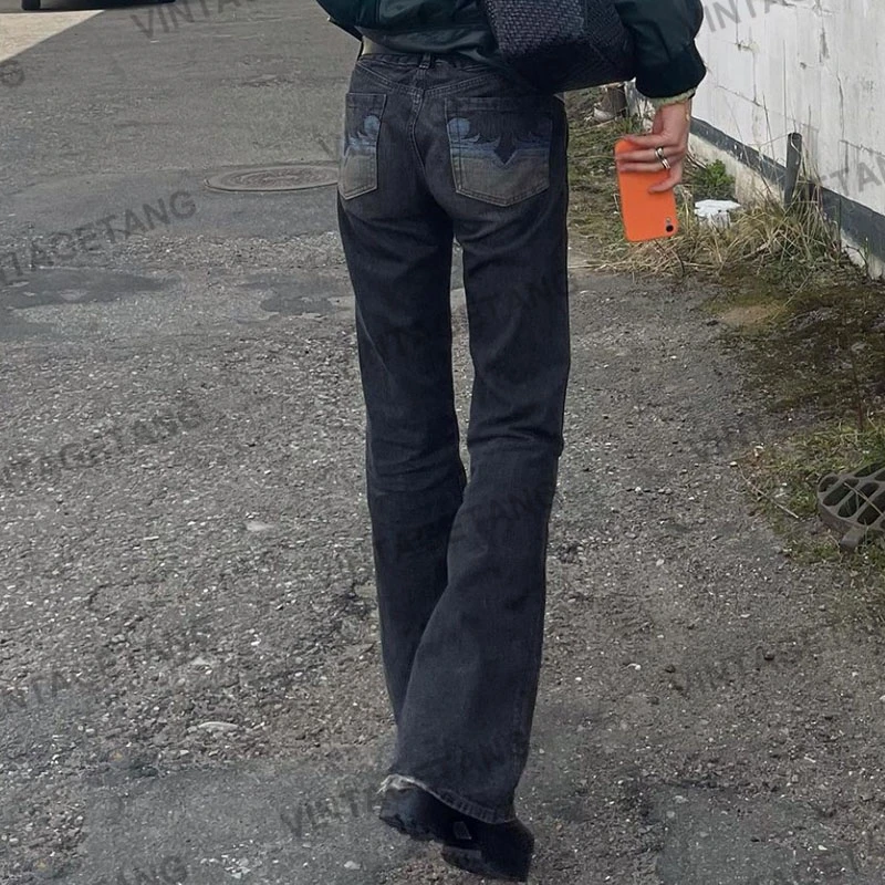 VintageTang美式复古黑灰色高腰微喇牛仔裤春秋女ins潮长裤壕叁D