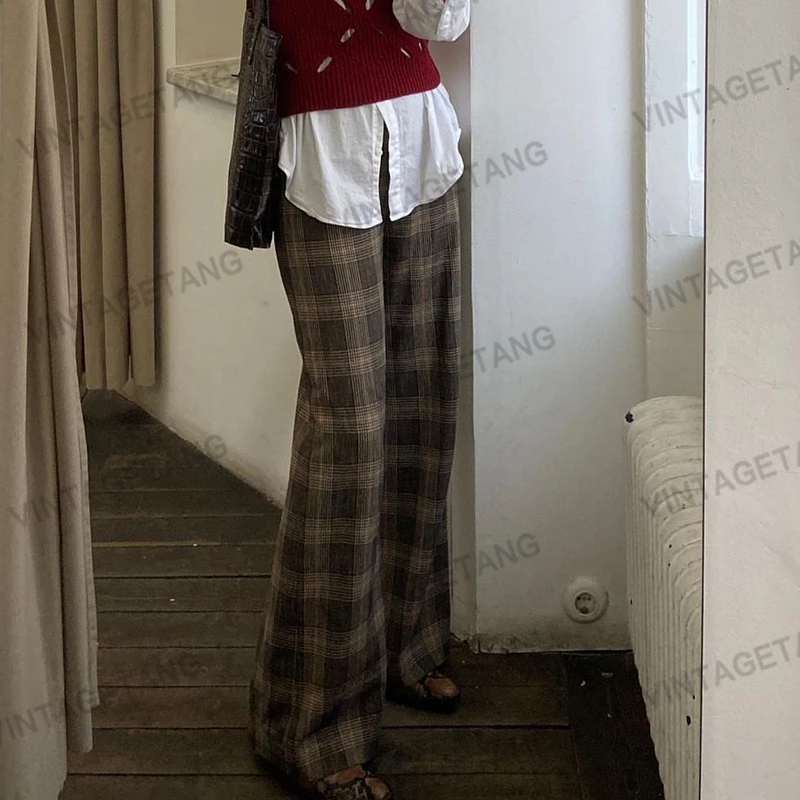 VintageTang复古格纹毛呢格子阔腿裤松紧腰小个子加长休闲裤壕呐