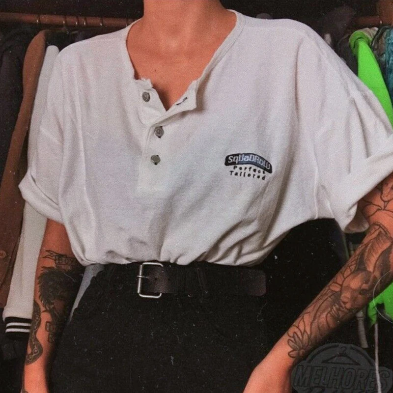 VintageTang美式复古古着简约白色慵懒风薄款刺绣T恤短袖骁贰