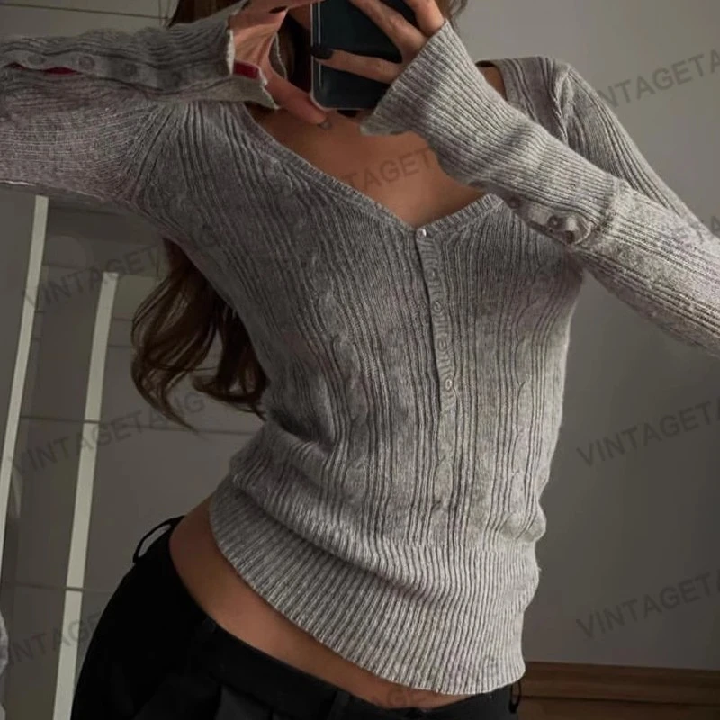 复古灰色修身显瘦半开领针织衫T恤内搭长袖上衣骁叁