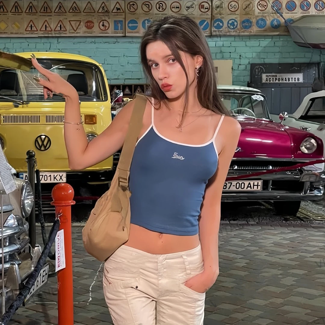 Vintagetang美式复古辣妹短款修身蓝色吊带背心纯棉bm小上衣骁贰