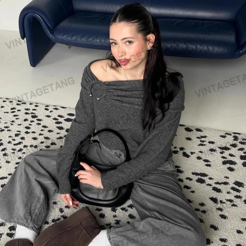 VintageTang美式复古灰色露肩一字领套头针织衫长袖性感毛衣壕呐B