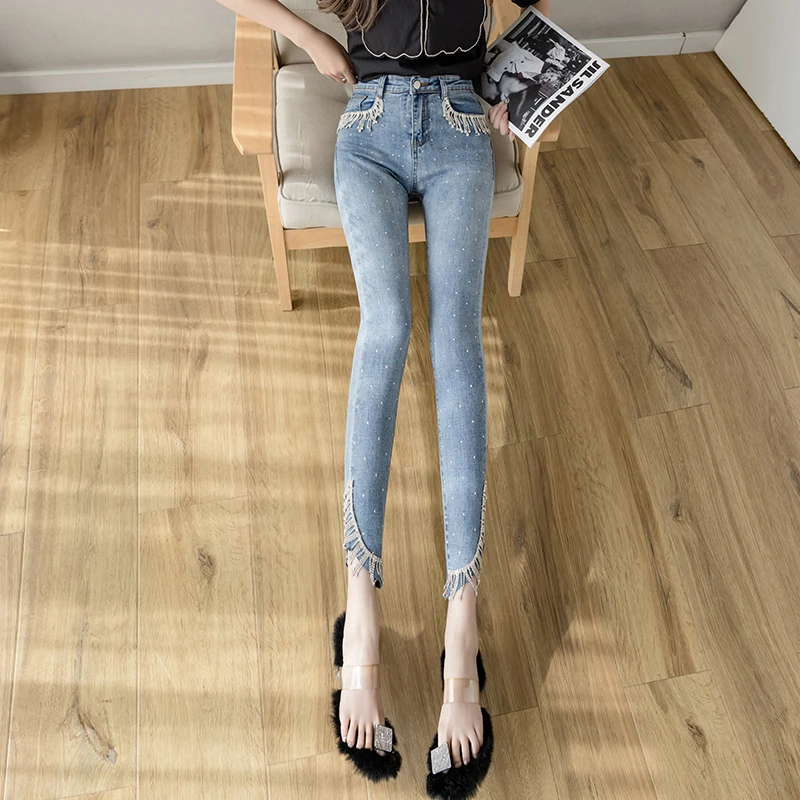 重工流苏烫钻紧身弹力牛仔裤女显瘦马蹄裤春秋新款高腰小脚铅笔裤