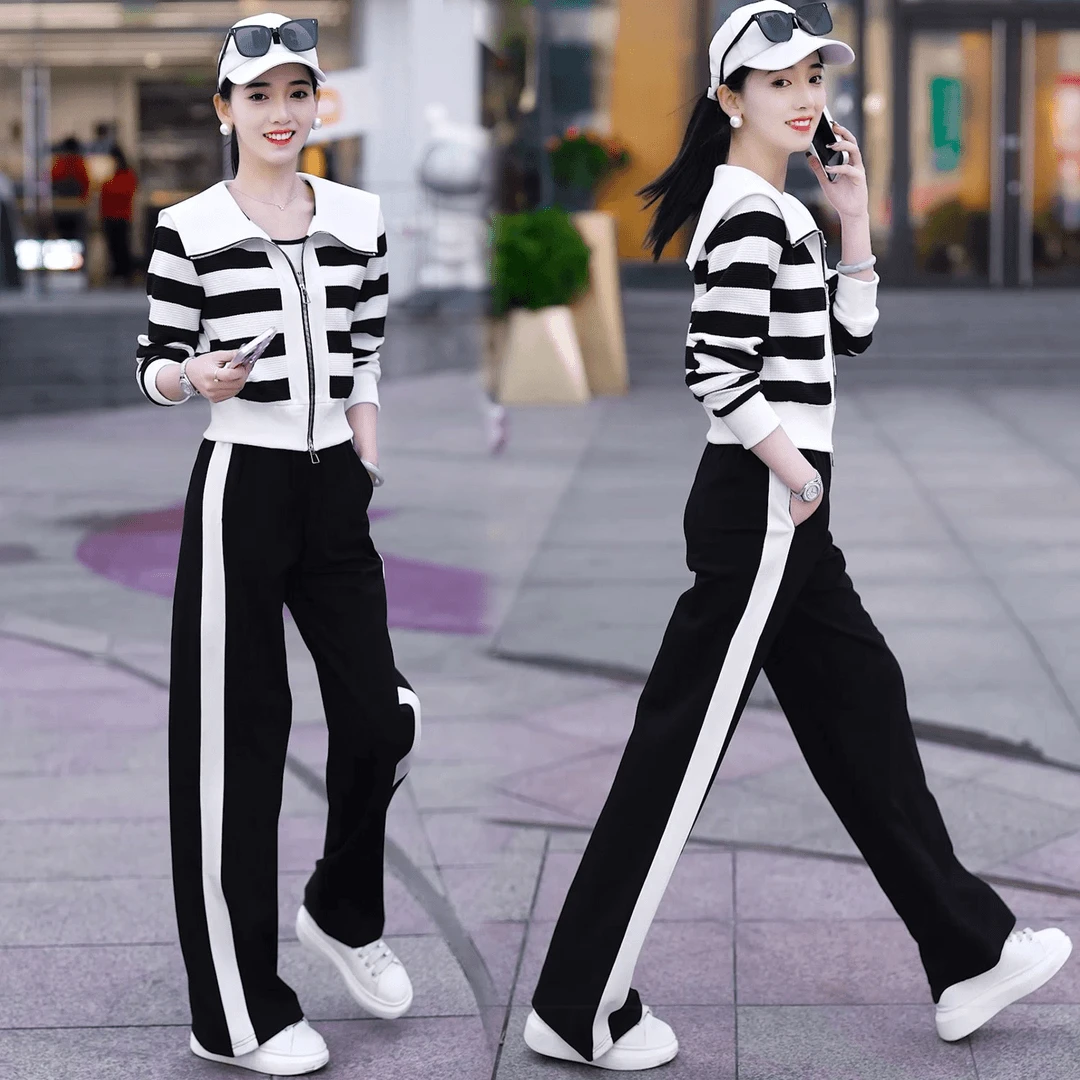 条纹气质开衫外套+阔腿裤 2023休闲两件套装春秋减龄韩版女装套装