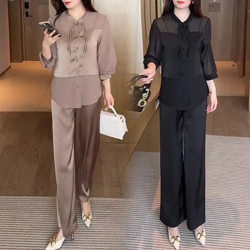 夏季新款新中式盘扣妈妈气质显瘦时尚百搭减龄衬衫小个子洋气套装