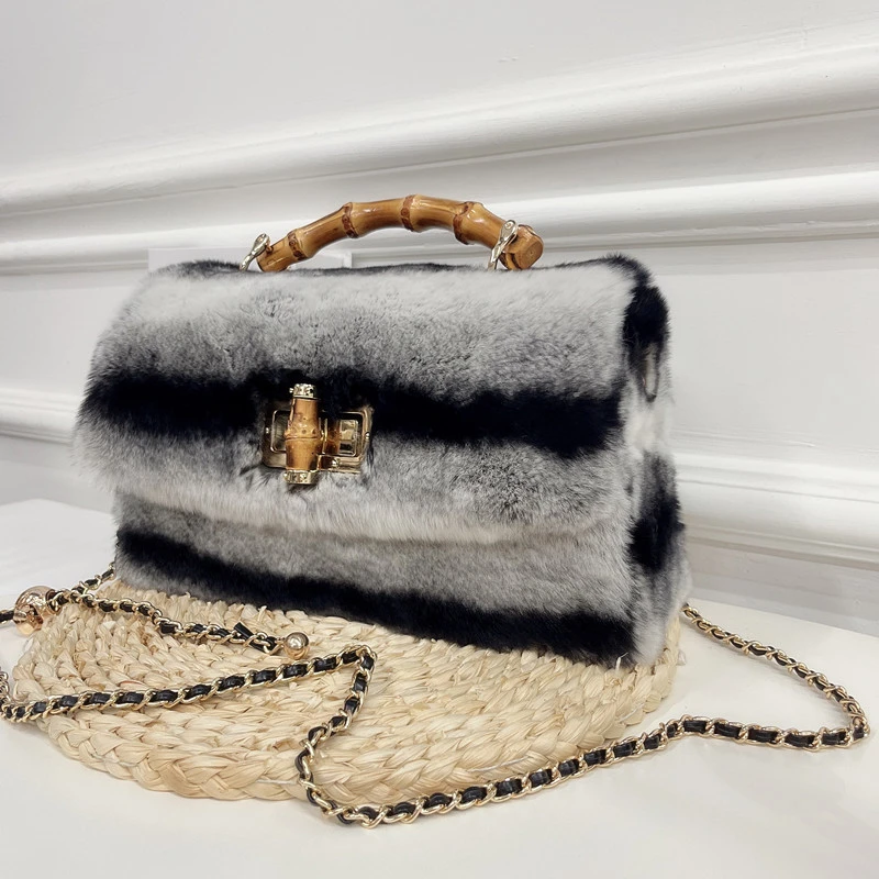 国风竹节款獭兔毛龙猫皮草包包秋冬女包高档链条时尚百搭毛绒包