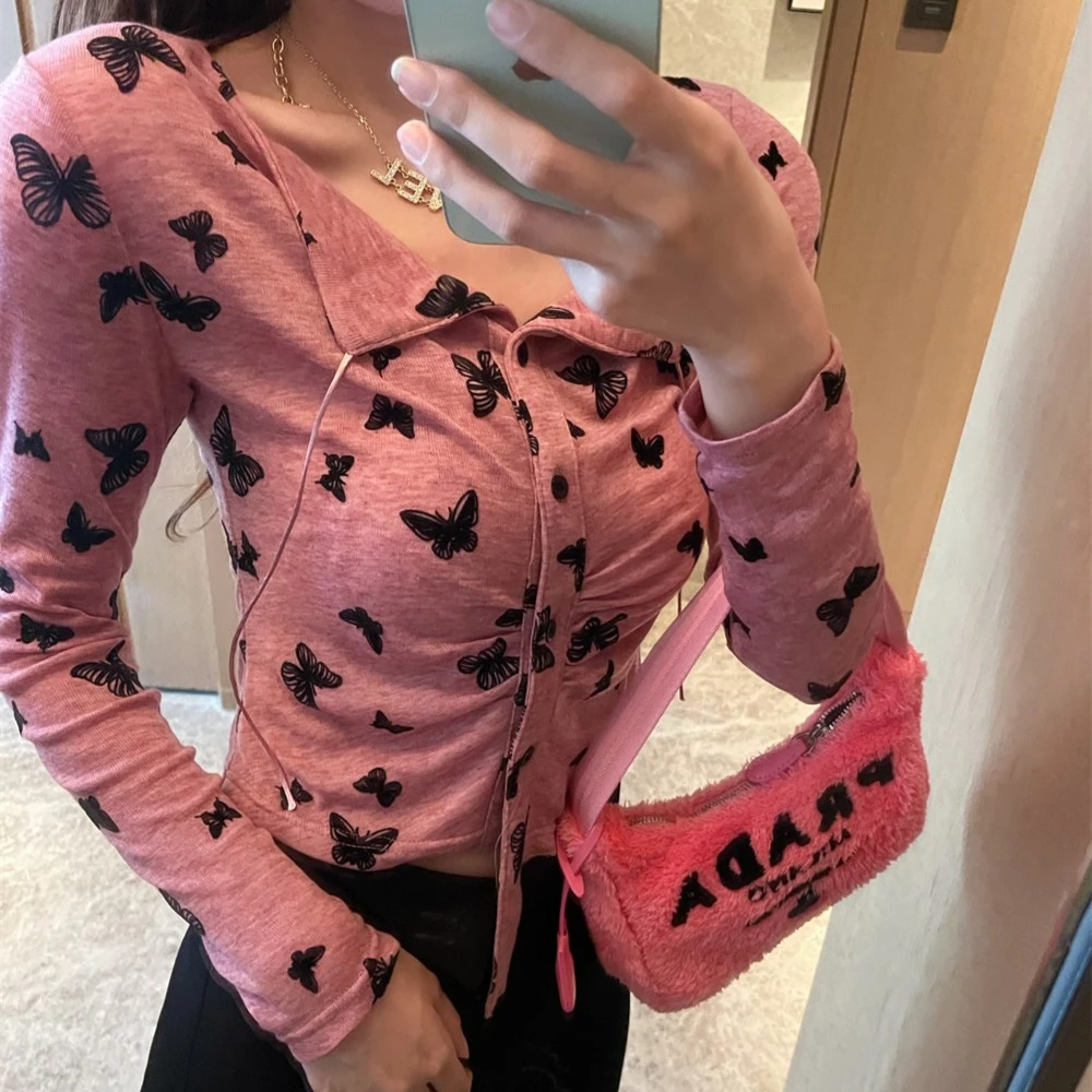 【露茜】蝴蝶小开衫女装收腰紧身打底上衣#S0061