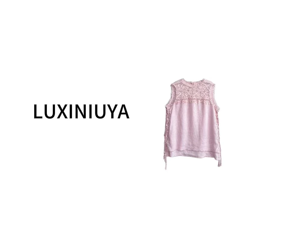 重工雅致刺绣 两侧开叉宽松休闲度徦风白色麻料系带背心#CX1337