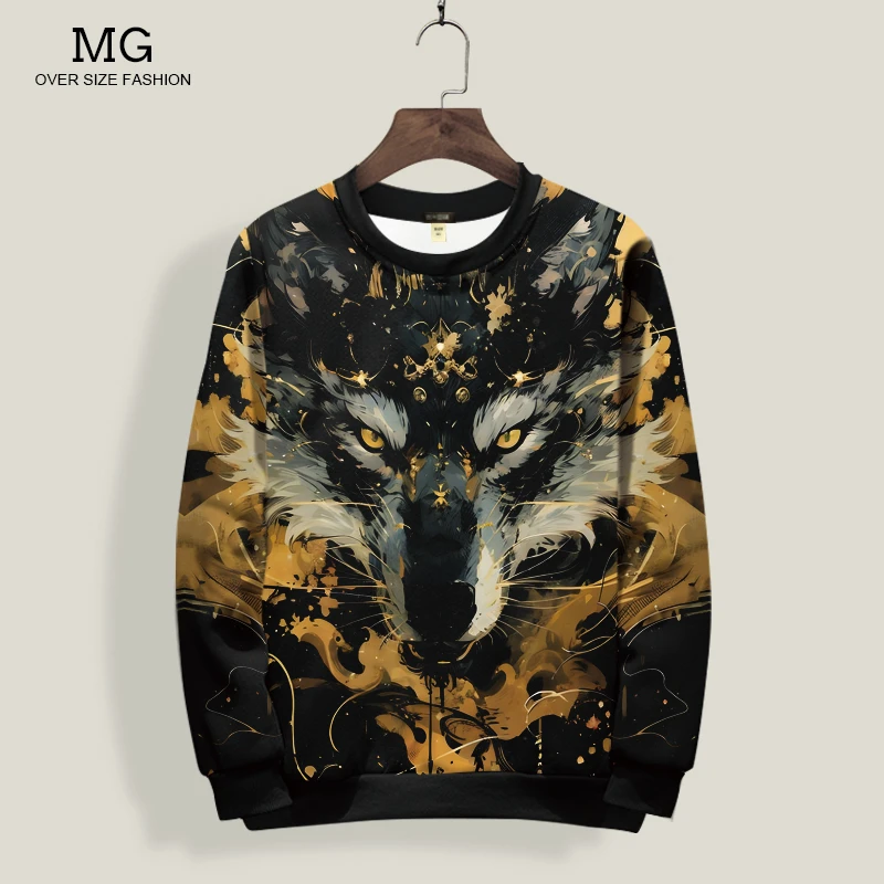 秋季狼头图案卫衣男圆领长袖T恤动物印花上衣欧美风潮流外套薄款