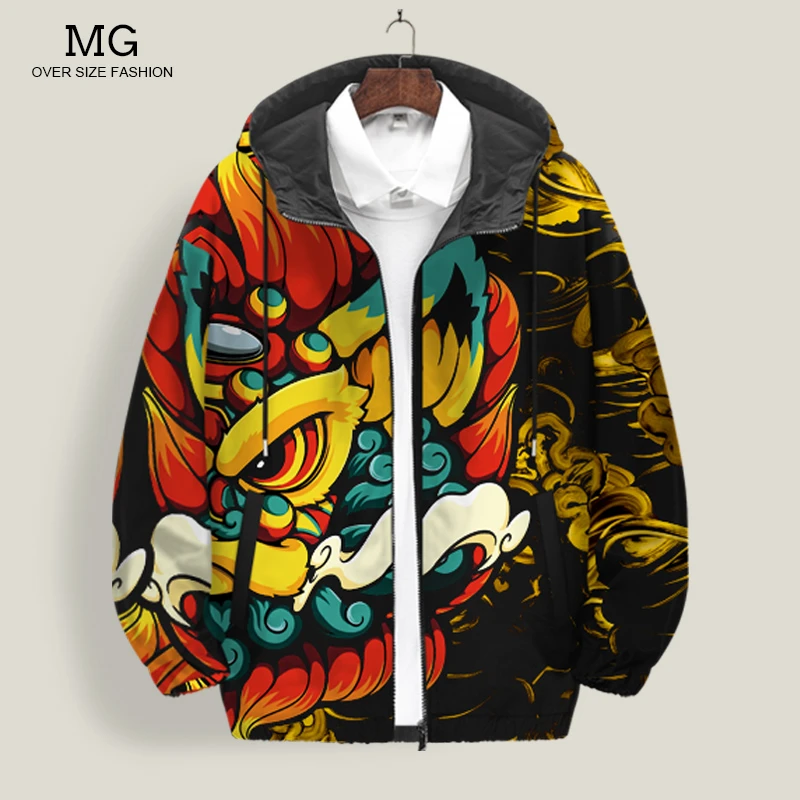 国潮棒夹克外套男士连帽中国风醒狮印花加厚上衣长袖开衫大码茄克