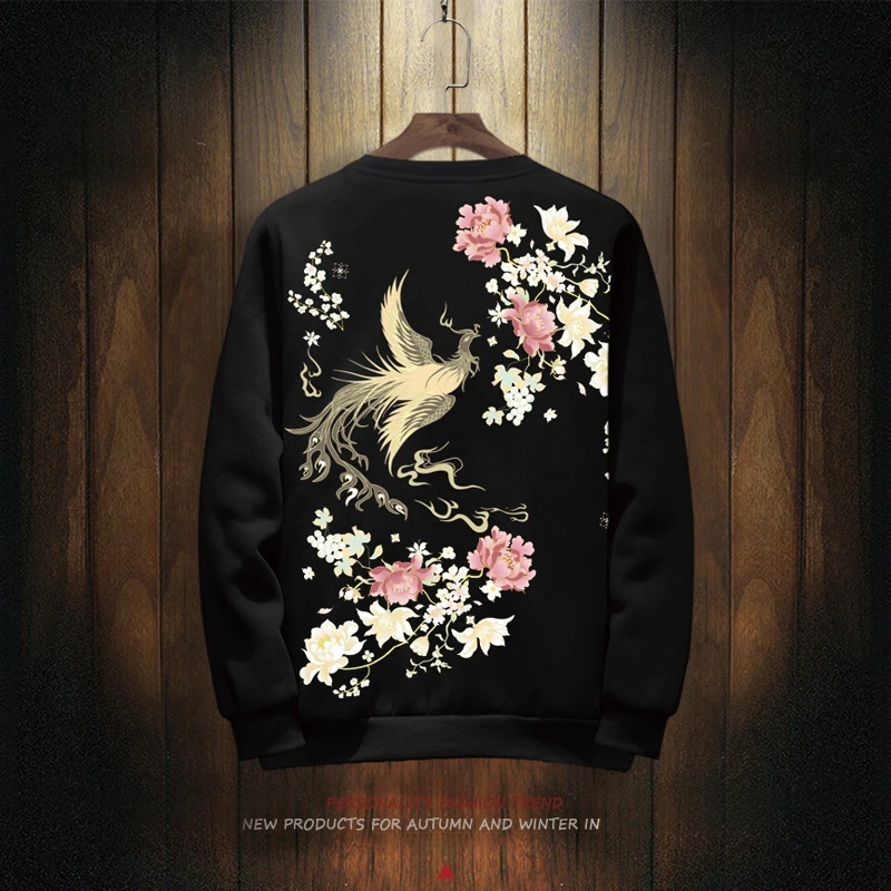 国潮卫衣男秋季薄款圆领中国风凤凰印花长袖T恤黑色百搭潮流上衣