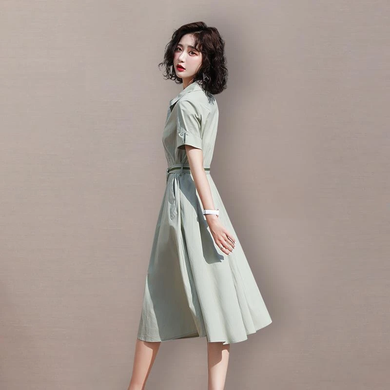 夏季新款显瘦中长款连衣裙拼接衬衫领短袖潮女装2023年流行法式