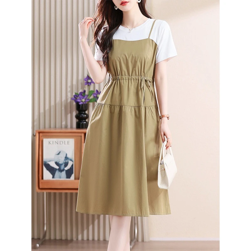 中长款夏季连衣裙女夏2024新款小个子短袖A字裙假两件套时尚气质