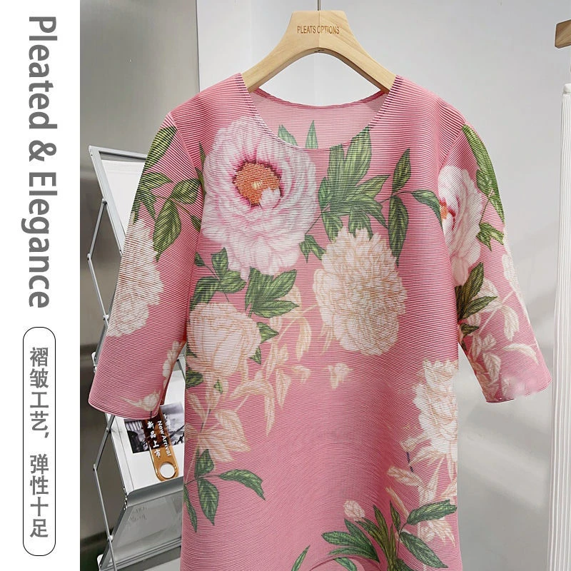 国风古韵褶皱2025春夏新款花卉印花古风设计圆领灯笼袖T恤女