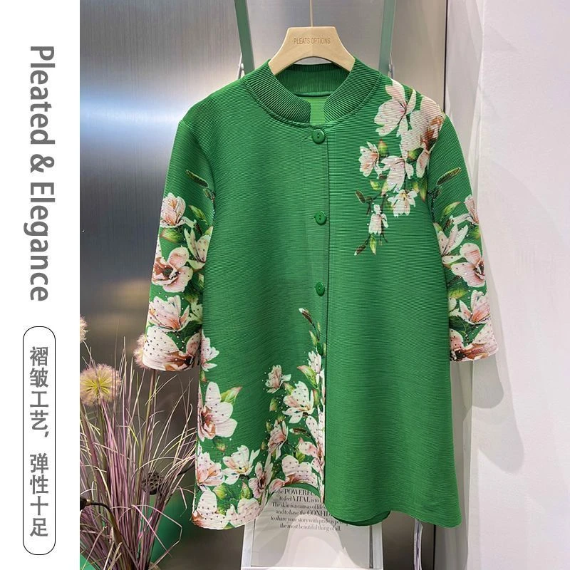 新中式国风古韵妈妈装压褶褶皱女装立领上衣衬衫好看绿色女新款