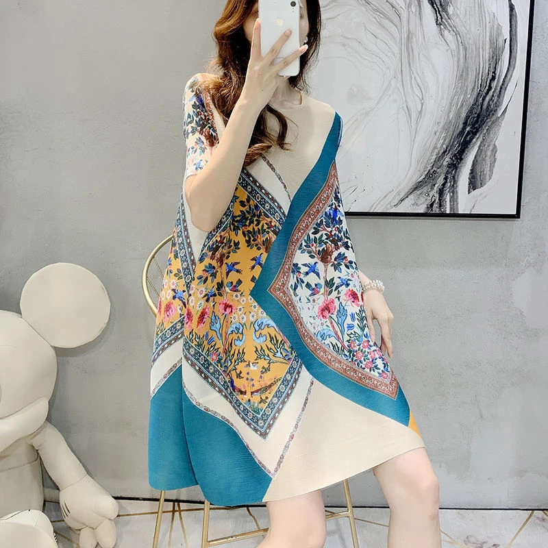 丁达尔穿搭民族风设计拼色印花开叉中长款褶皱A字裙优雅连衣裙夏