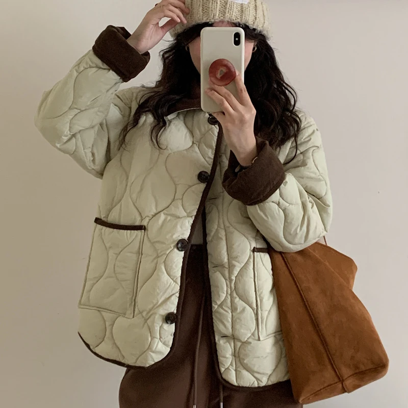 韩版复古菱格棉服女秋冬撞色翻领短款小香风棉衣外套