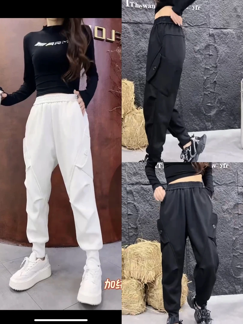 加绒工装裤女秋冬宽松显瘦高腰束脚休闲哈伦裤9362