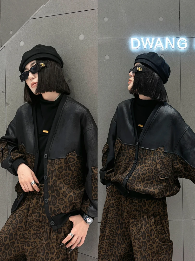 时尚欧版豹纹宽松百搭显瘦加绒外套8811