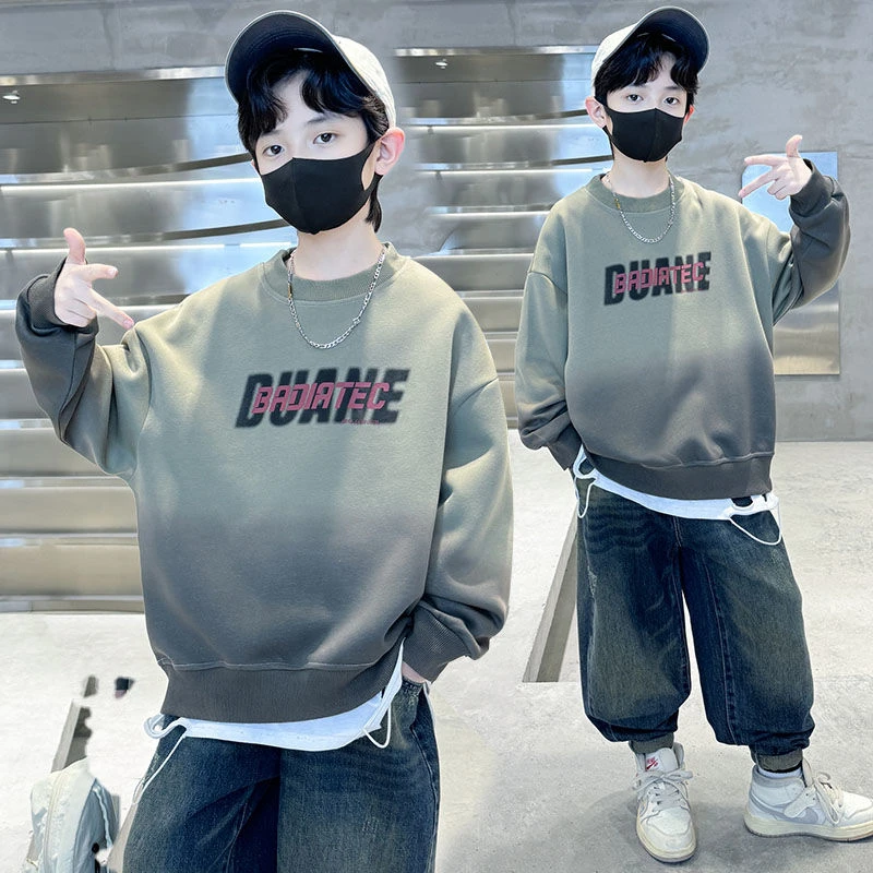 男童秋装卫衣2025春秋新款酷帅炸街中大童男孩秋季圆领宽松上衣潮