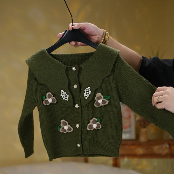 儿童秋季毛衣女童上衣外穿百搭时尚小开衫洋气短款宝宝绿色秋冬