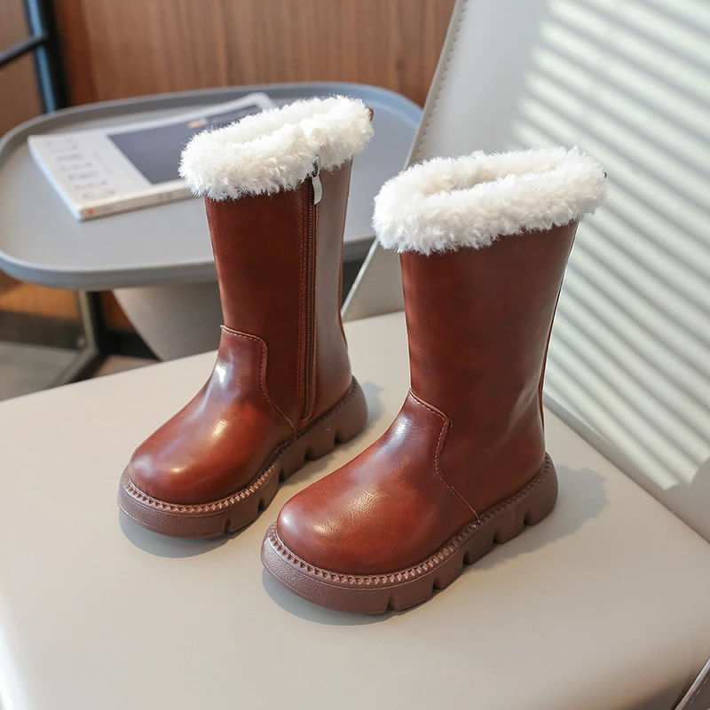 女童靴子加绒保暖皮靴儿童长筒靴6-12岁宝宝冬季不冻脚中筒雪地靴