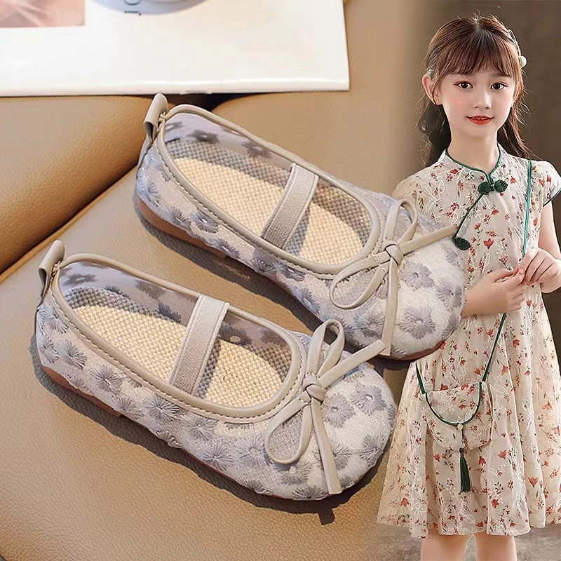 女童汉服鞋夏季2024新款透气软底儿童小公主绣花鞋女孩中国风布鞋
