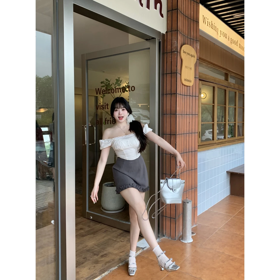 MengFairy清清【尼罗半裙】法式收腰时尚灰色A摆半身裙 2802M