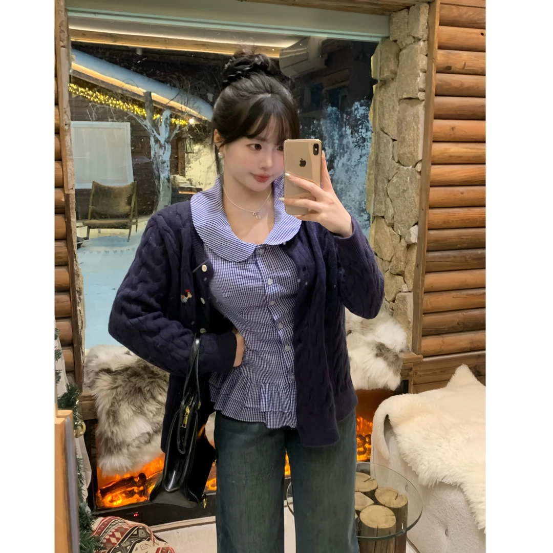 MengFairy清清【香草芋泥】宽松圆领刺绣针织开衫毛衣外套 雅丹3955