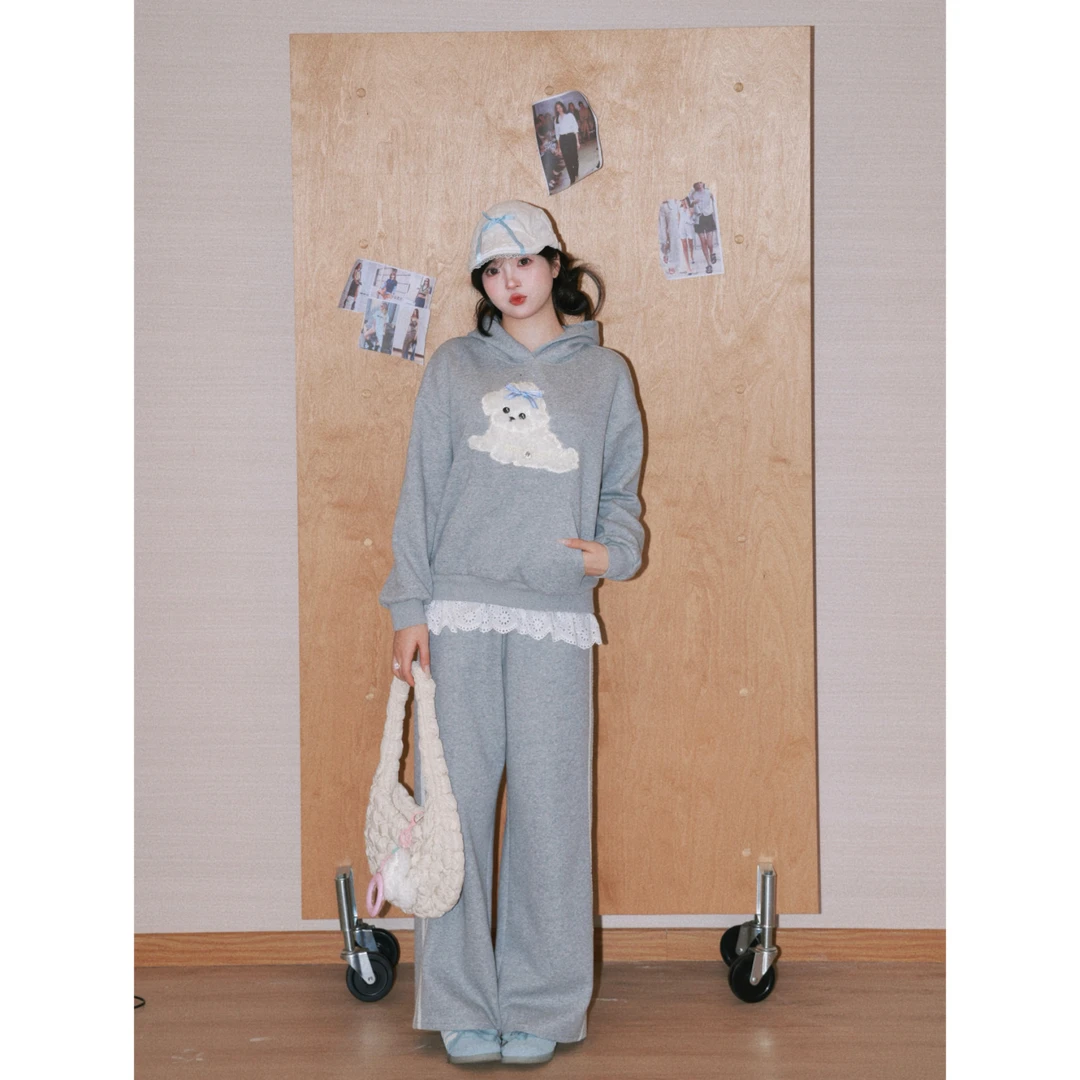 清清萌面侠芝士【发财小狗】连帽套头外套宽松休闲裤4017 4018