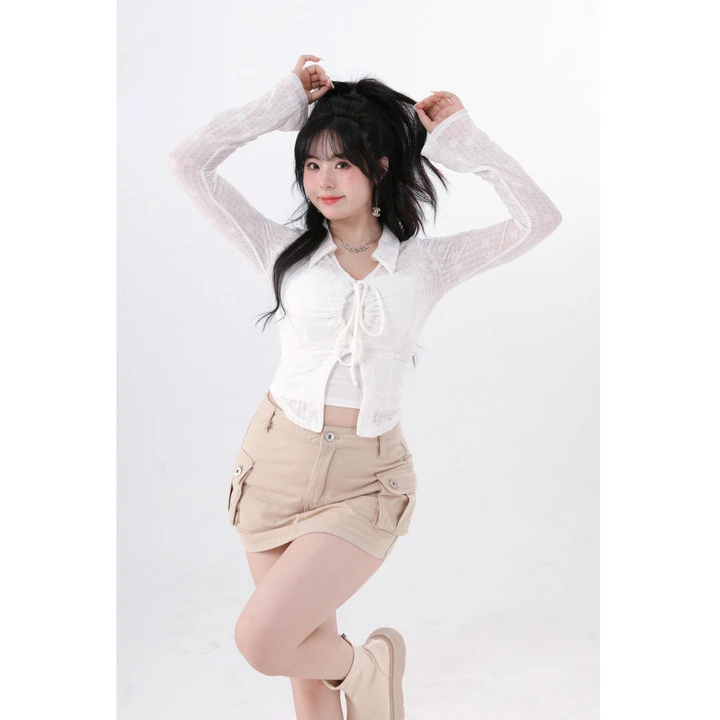 清清 MengFairy 【魅力磁场】绑带收腰上衣+高腰工装半裙