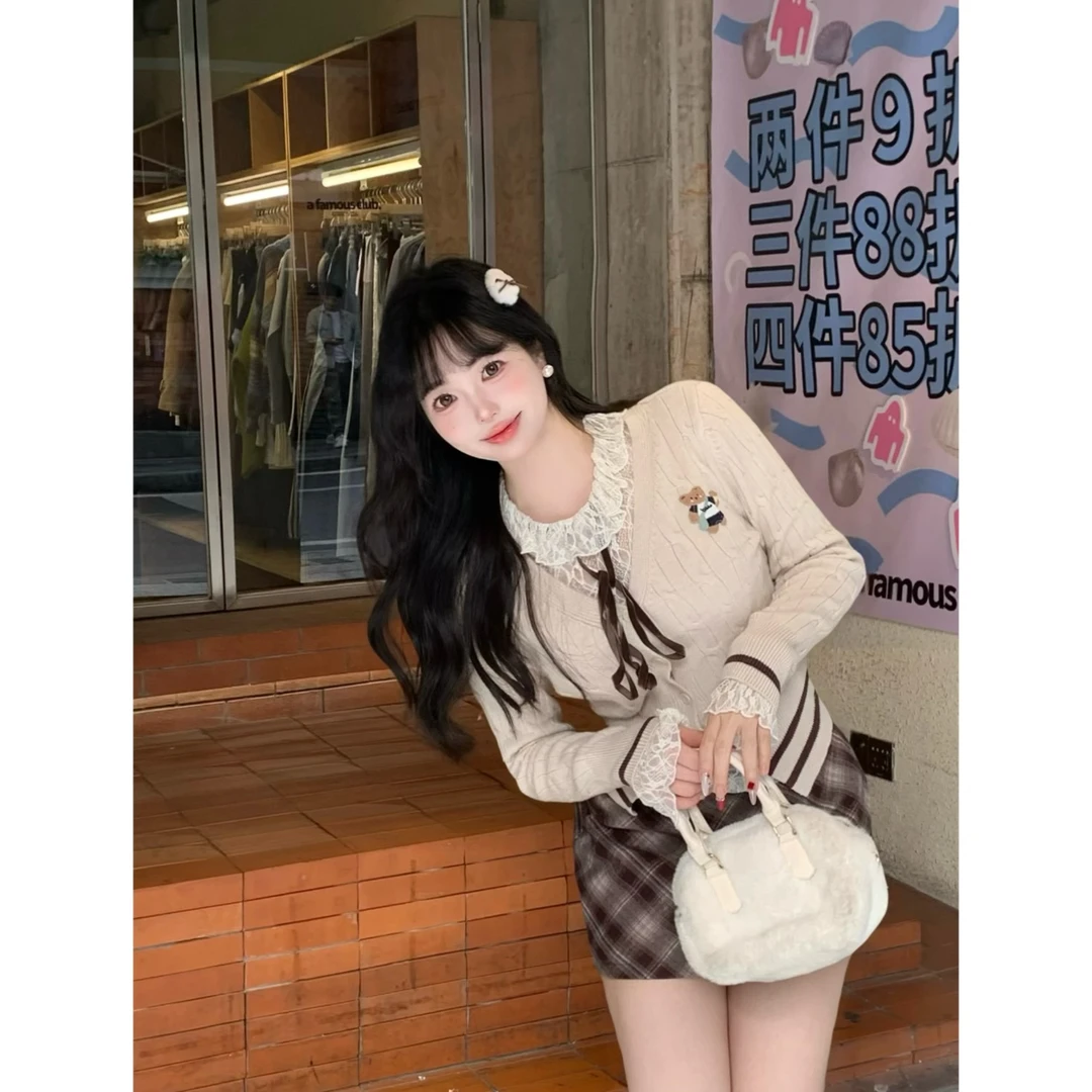 清清萌面侠芝士【艺术派】长袖蕾丝上衣+长袖针织开衫 4220 4233