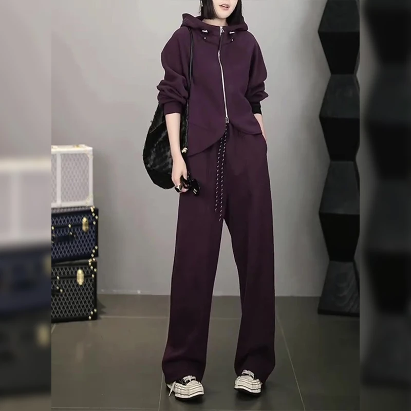 2024新款加绒时尚运动套装女休闲气质加厚连帽卫衣阔腿裤两件套冬