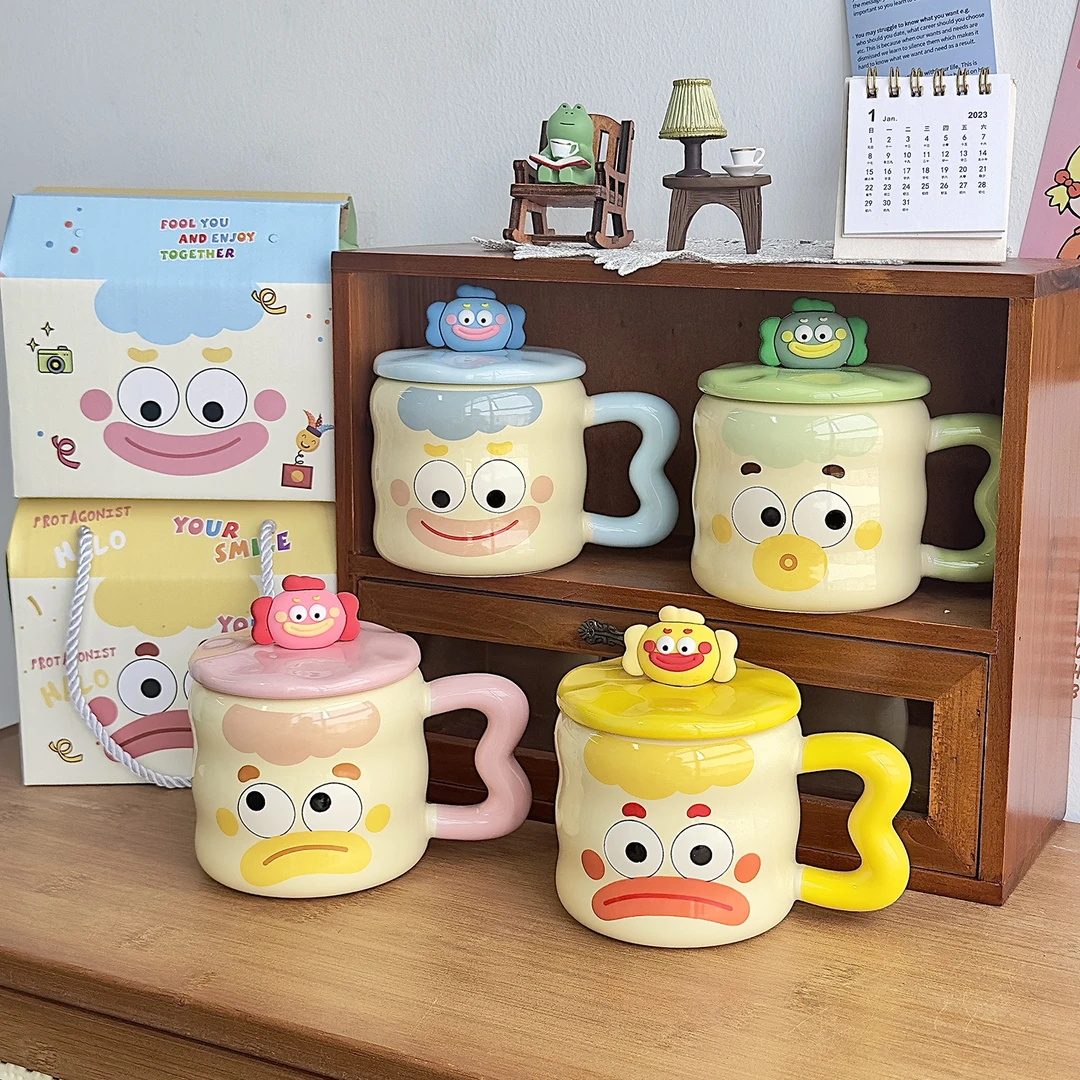 可爱呆萌小丑马克杯创意搞怪杯子陶瓷带盖勺情侣吸管水杯生日礼物