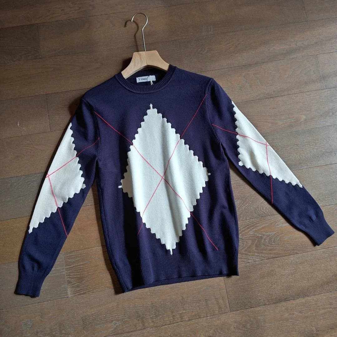 英伦时尚复古菱形格线条提花拼色圆领细腻针织套头毛衣